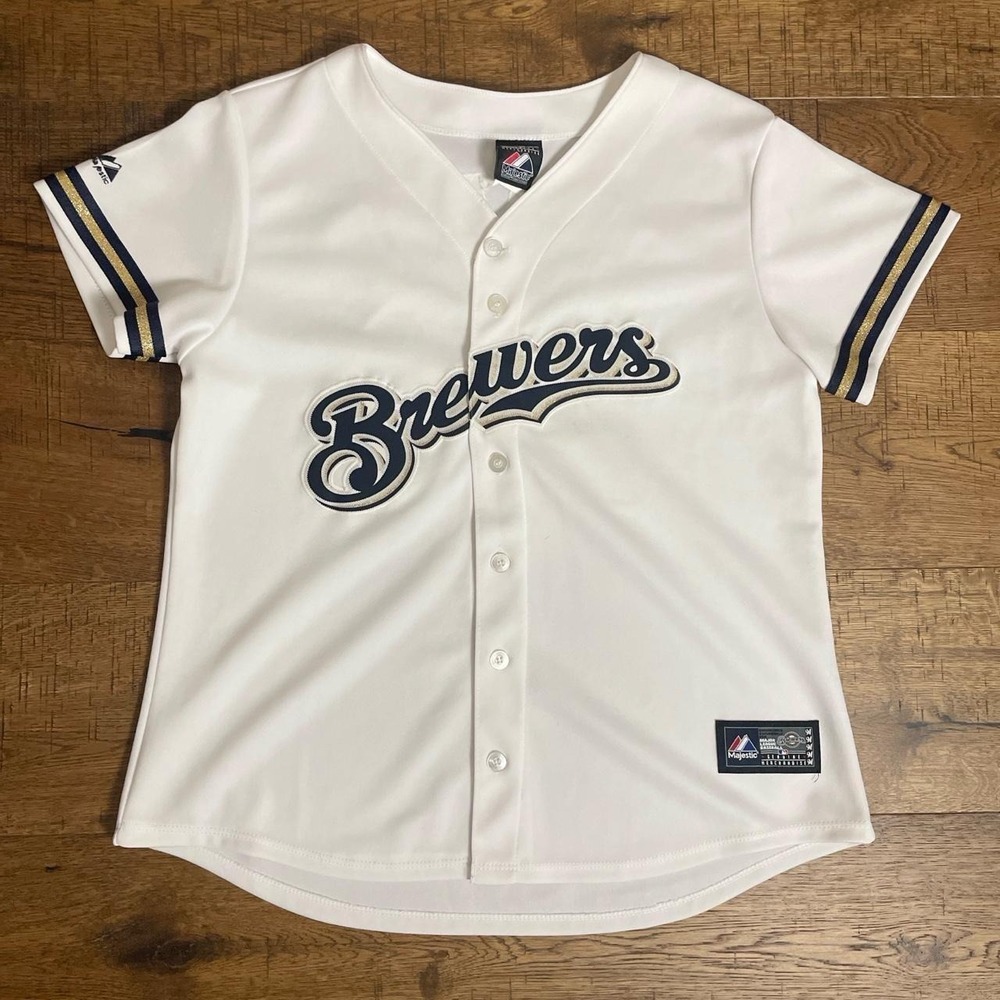 Majestic Baseball Jersey Womens L White Sporty Milwaukee Brewers Lucroy 20